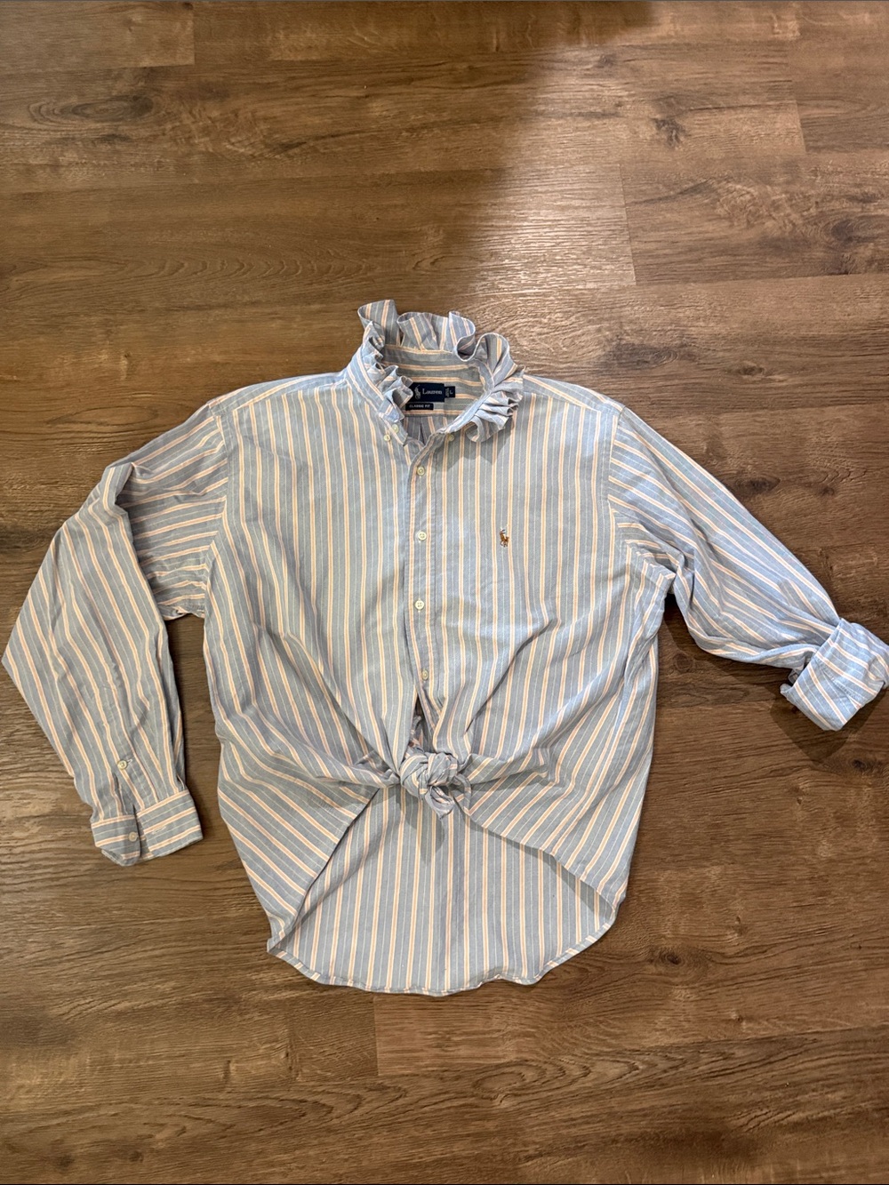 Upcycled Ralph Lauren Blue White Striped Button-Down Shirt ruffled collar Size L